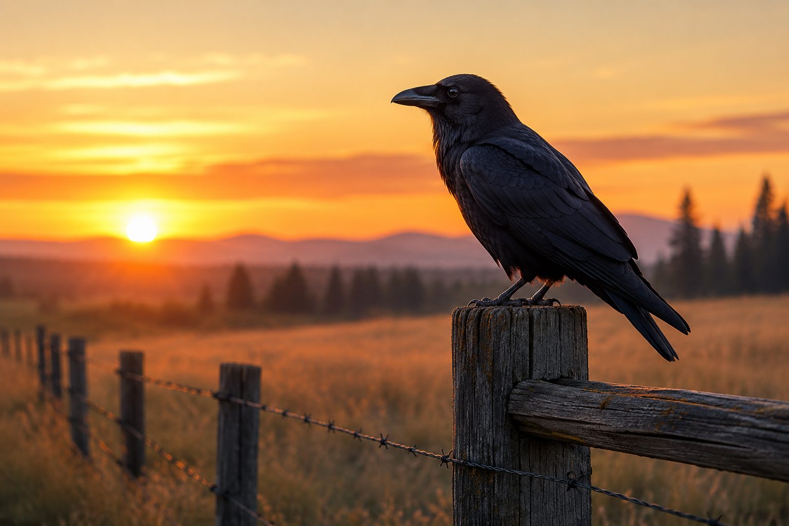 Raven perched on a wooden fence post at sunrise